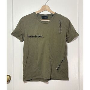 THE KOOPLES Army Green Slashed Safety Pin 100% Cotton Edgy Tee Women’s Size L US